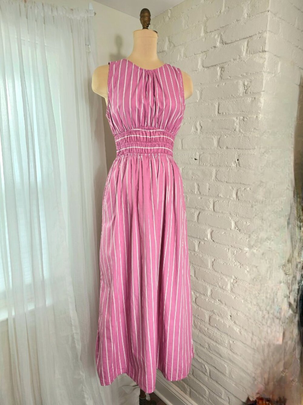 Faithfull The Brand Pink Stripe Smocked Waist Midi Dress Size L Open Back Tie De